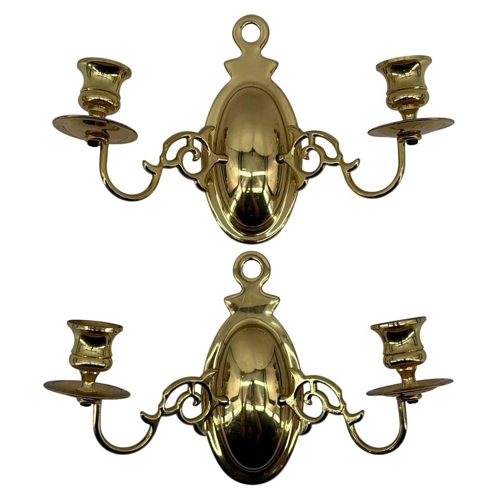 Vintage Solid Polished Brass Double Arm Wall Candle Sconces Pair Colonial Decor‎